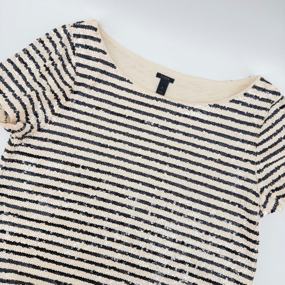 J. Crew Striped Sequin blouse Shirt Women's Small Boat‎ Neck Short Sleeve Black